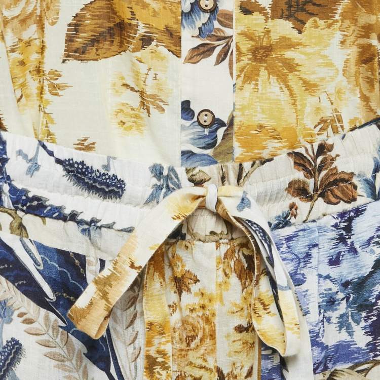 Pre Owned Zimmermann Yellow/Blue Aliane Print Cotton/Linen Shirt and Pants Set L
