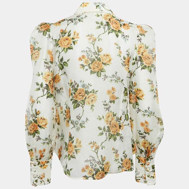 Pre Owned Zimmermann White/Multicolor Floral Print Linen and Silk Button Front Blouse L