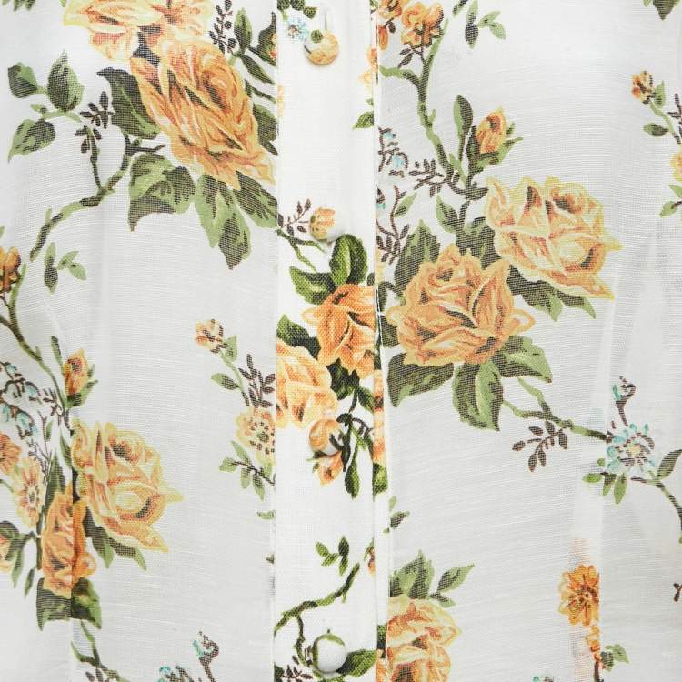 Pre Owned Zimmermann White/Multicolor Floral Print Linen and Silk Button Front Blouse L