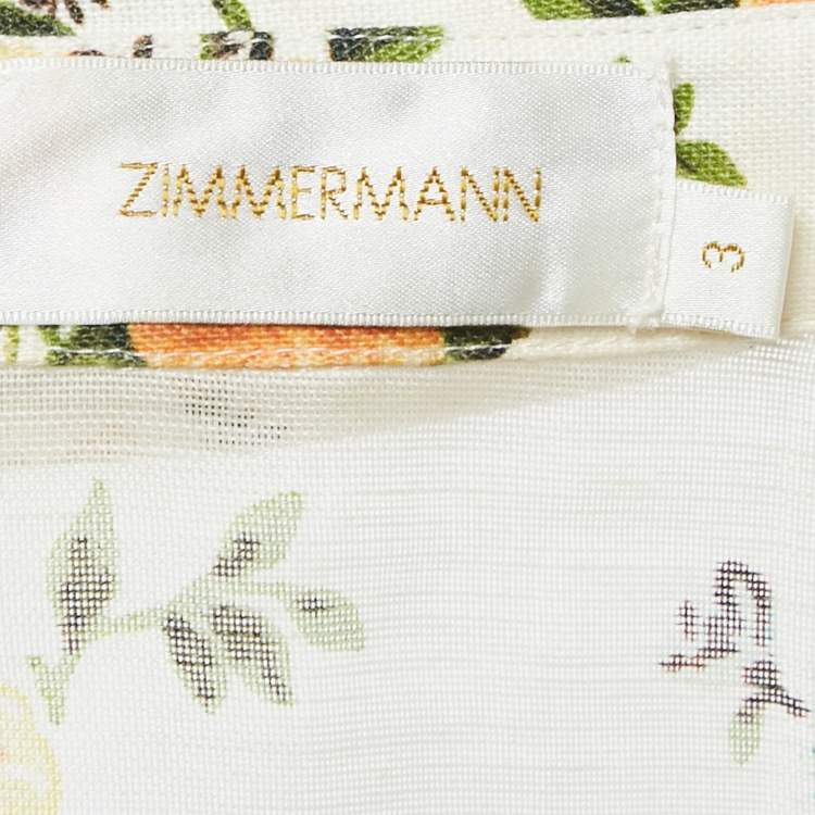 Pre Owned Zimmermann White/Multicolor Floral Print Linen and Silk Button Front Blouse L