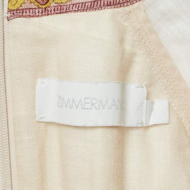 مملوكة مسبقًا Zimmermann Cream Floral Print Linen Cassia Plunge Bow Mini Dress M