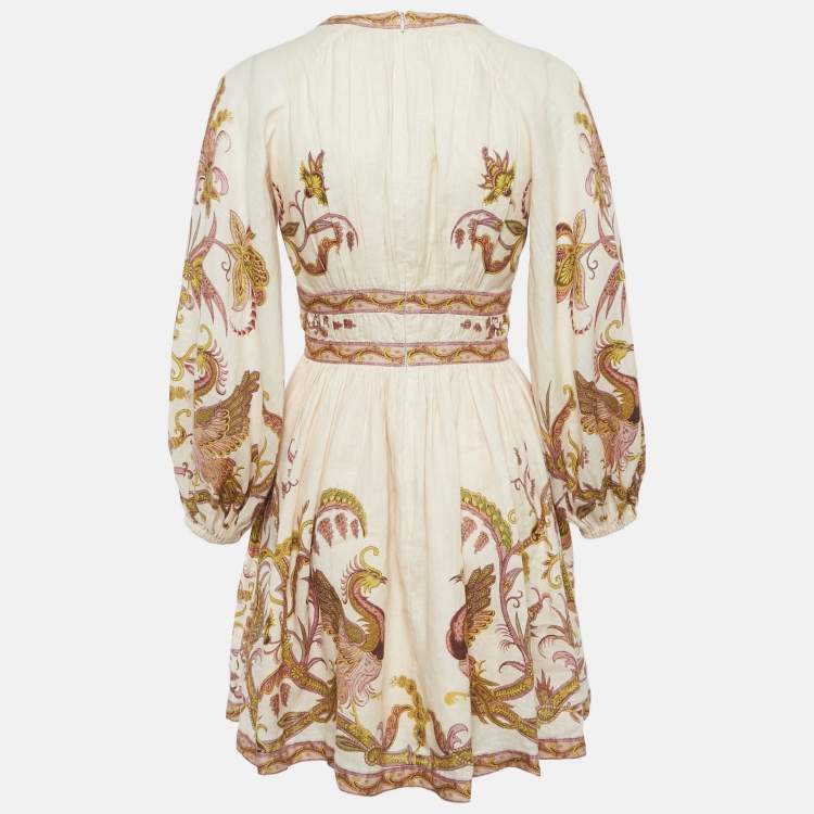 مملوكة مسبقًا Zimmermann Cream Floral Print Linen Cassia Plunge Bow Mini Dress M