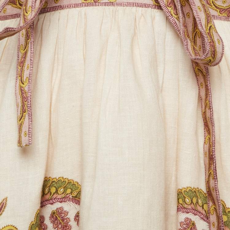 مملوكة مسبقًا Zimmermann Cream Floral Print Linen Cassia Plunge Bow Mini Dress M