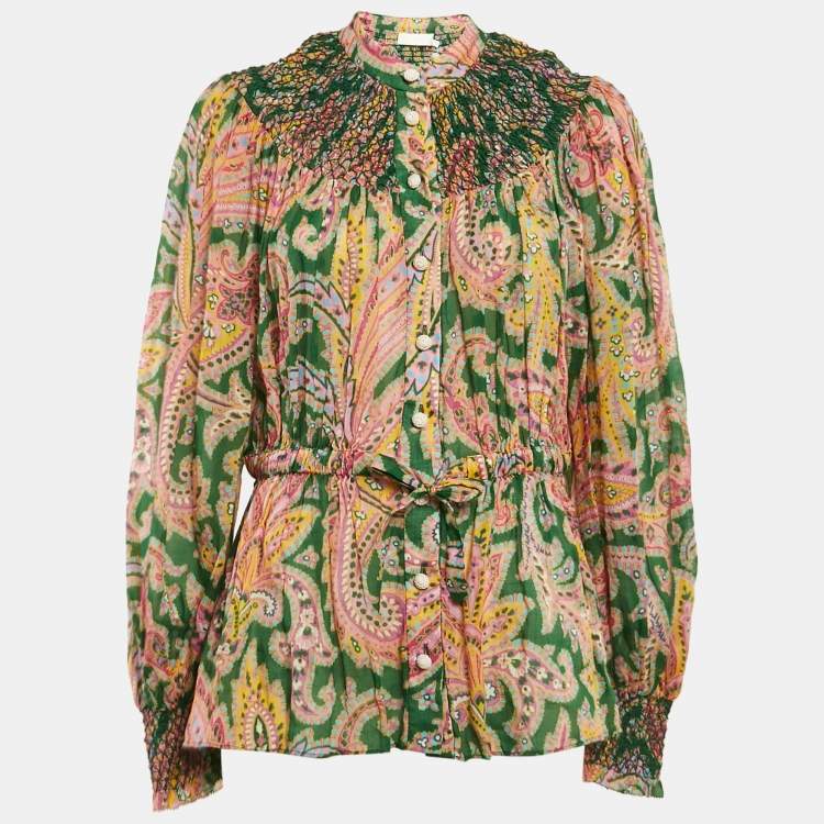 Pre Owned Zimmermann Green/Yellow Teddy Paisley Print Shirring Detail Blouse L