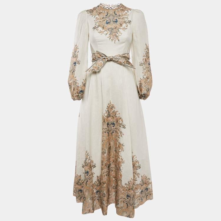 Pre Owned Zimmermann Cream Freja Paisley-Print Linen Maxi Dress XS