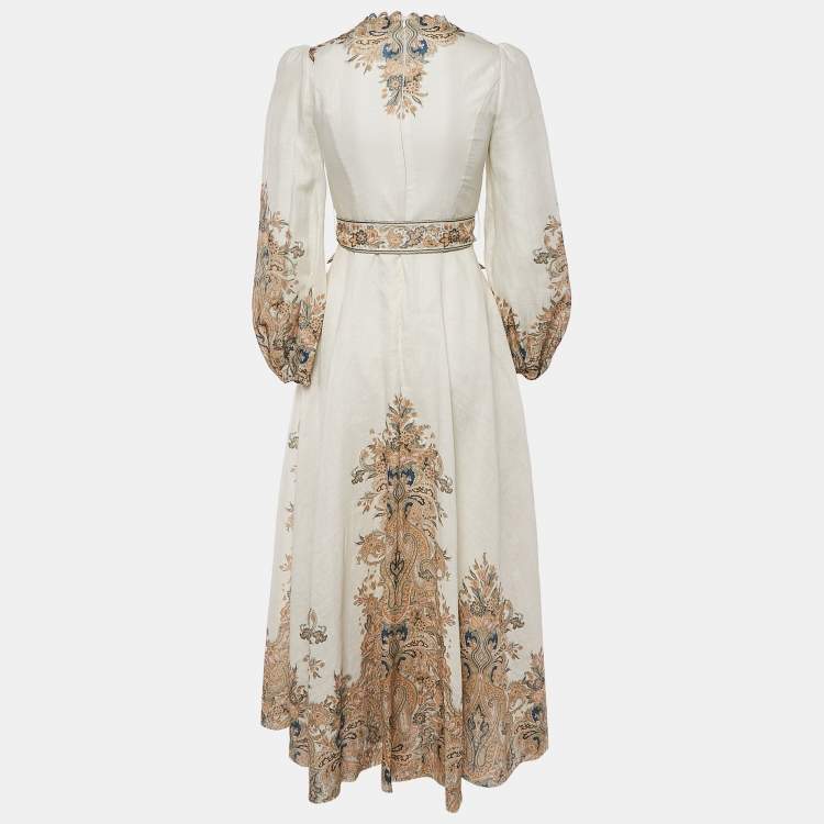 Pre Owned Zimmermann Cream Freja Paisley-Print Linen Maxi Dress XS