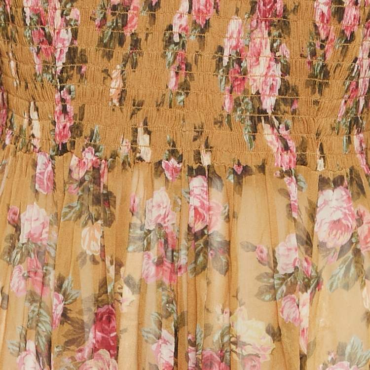 مملوكة مسبقًا Zimmermann Mustard Yellow Floral Print Smocked Maxi Dress L