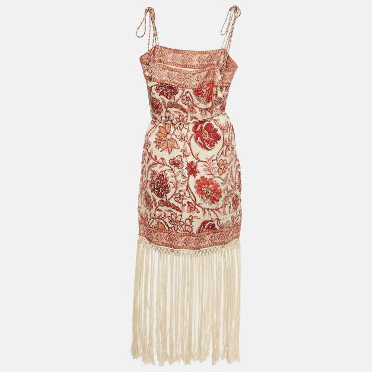مملوكة مسبقًا Zimmermann Multicolor Printed Linen Fringed Vitali Midi Dress S