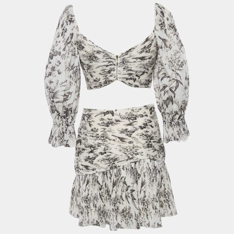 Pre Owned Zimmermann Light Beige Printed Plisse Top and Skirt Set S
