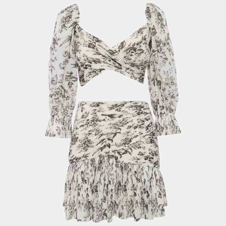 Pre Owned Zimmermann Light Beige Printed Plisse Top and Skirt Set S