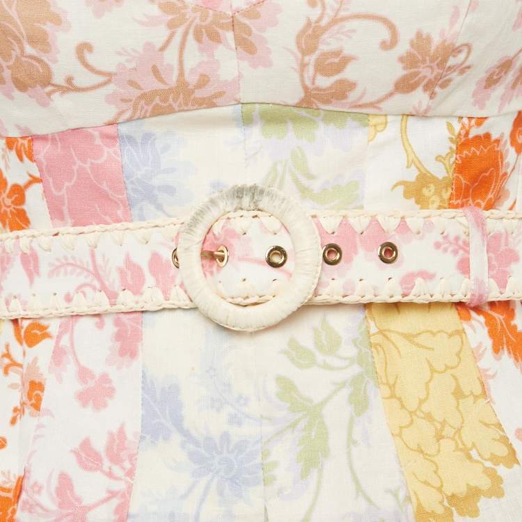 مملوكة مسبقًا Zimmermann Multicolor Floral Print Linen Postcard Spliced Mini Dress M