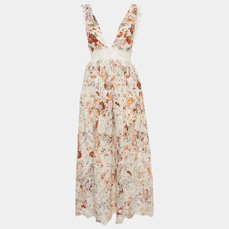 Pre Owned Zimmermann Multicolor Embroidered Cotton Lace Trimmed Midi Dress XS