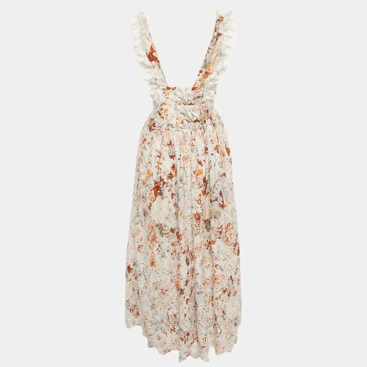 Pre Owned Zimmermann Multicolor Embroidered Cotton Lace Trimmed Midi Dress XS