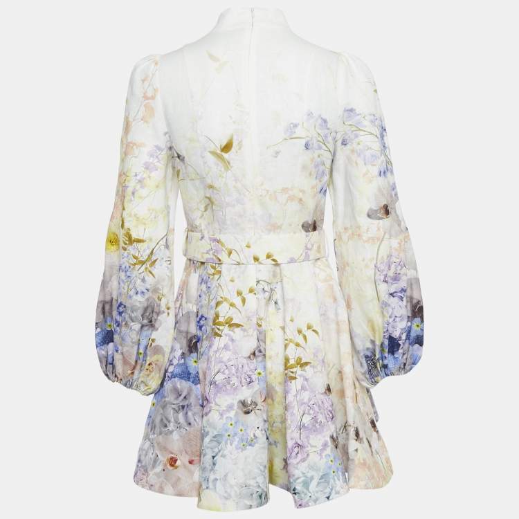 Pre Owned Zimmermann Yellow Floral Print Linen Belted Mini Dress M