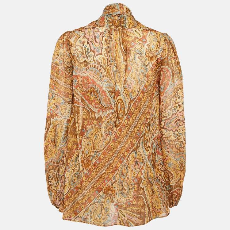 Pre Owned Zimmermann Orange Paisley Print Crepe Cowl Neck Blouse S