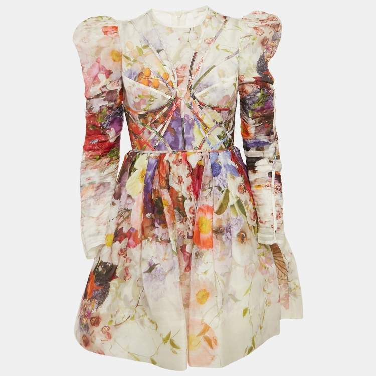 Pre Owned Zimmermann White/Purple Floral Print Linen Blend Mini Dress M