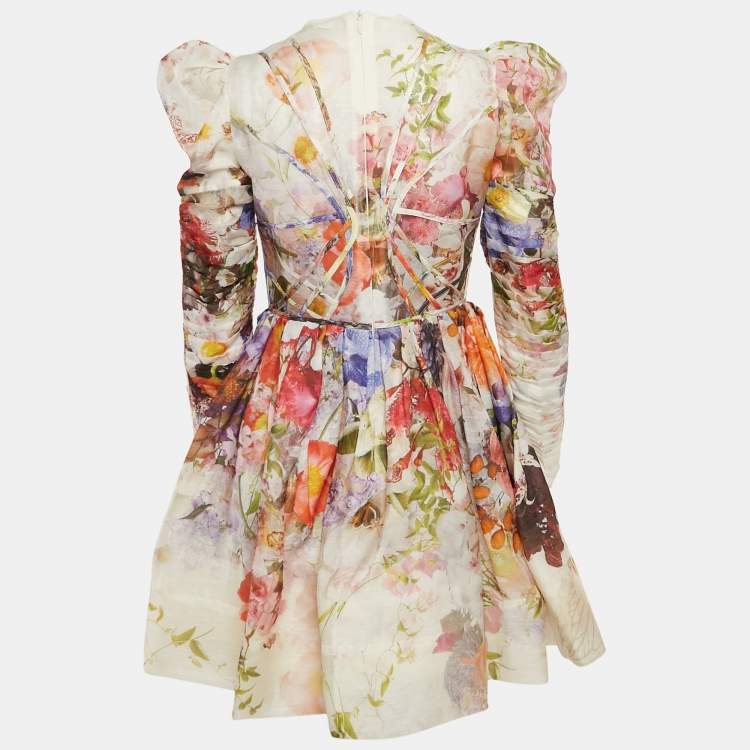 Pre Owned Zimmermann White/Purple Floral Print Linen Blend Mini Dress M