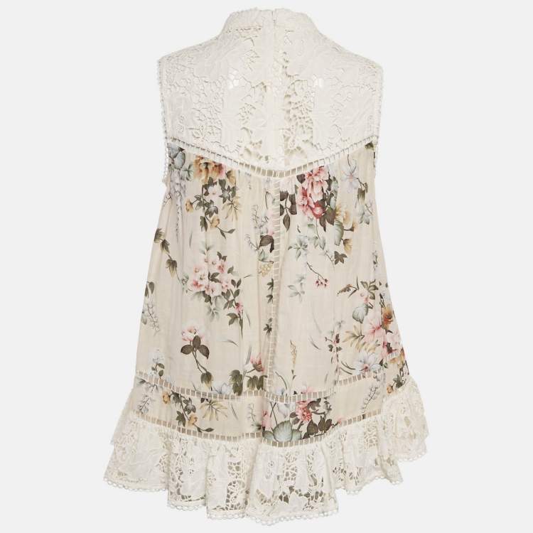 Pre Owned Zimmermann Beige Floral Print Cotton Lace Trim Top S