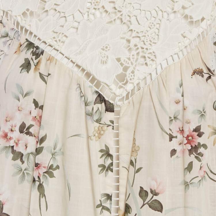 Pre Owned Zimmermann Beige Floral Print Cotton Lace Trim Top S