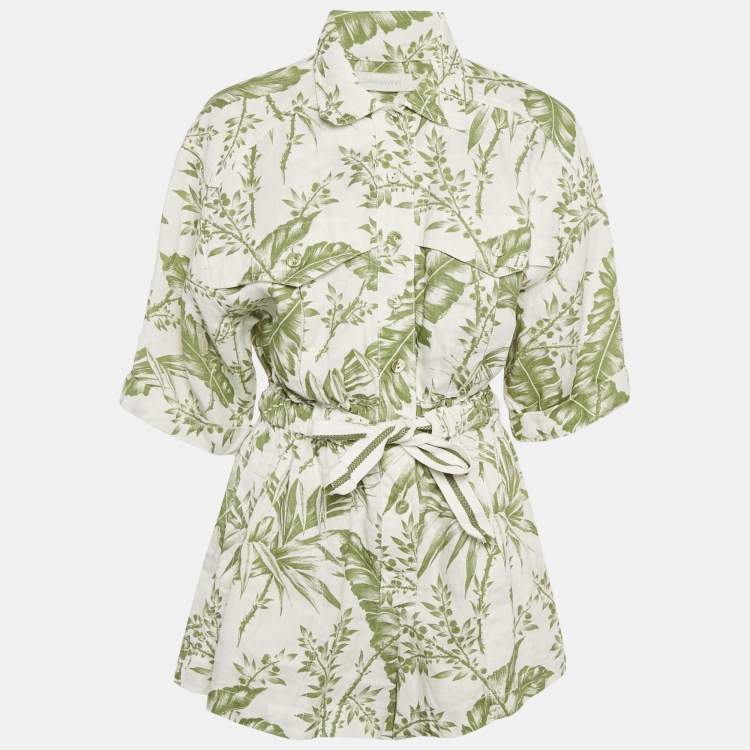 Pre Owned Zimmermann White/Green Leaf Print Linen Empire Playsuit M