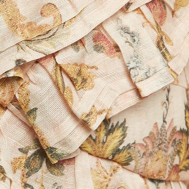 Pre Owned Zimmermann Beige Floral Print Linen Ruffled Crop Top M