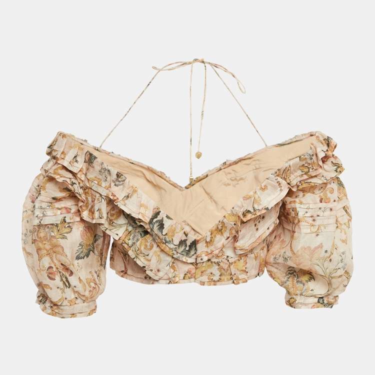 Pre Owned Zimmermann Beige Floral Print Linen Ruffled Crop Top M