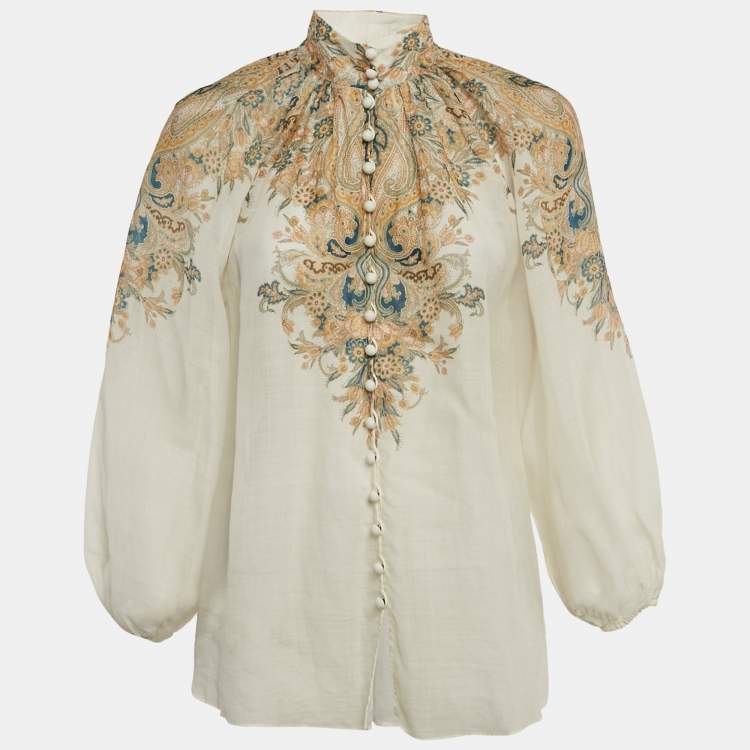Pre Owned Zimmermann Off White Paisley Print Ramie Long Sleeve Shirt M