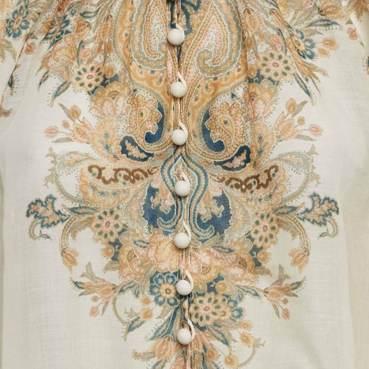 Pre Owned Zimmermann Off White Paisley Print Ramie Long Sleeve Shirt M