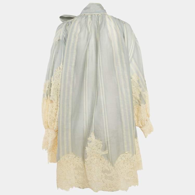 Pre Owned Zimmermann Blue/Cream Striped Linen Blend and Lyrical Lace Mini Dress M