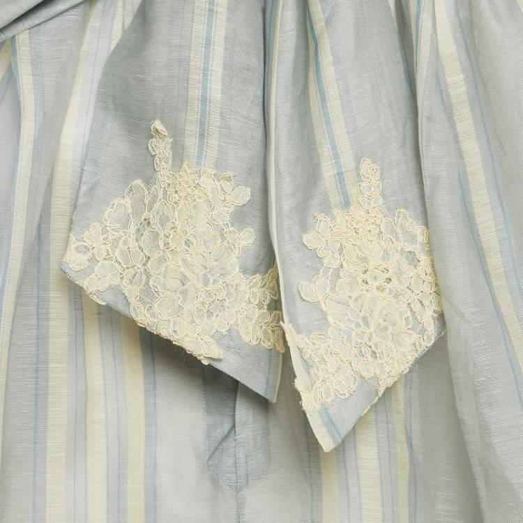 Pre Owned Zimmermann Blue/Cream Striped Linen Blend and Lyrical Lace Mini Dress M