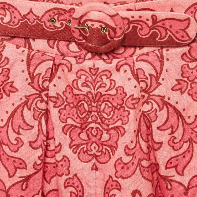 Pre Owned Zimmermann Pink Printed Linen Belted Shorts S