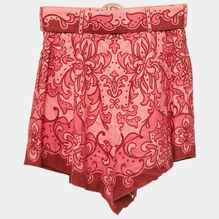 Pre Owned Zimmermann Pink Printed Linen Belted Shorts S