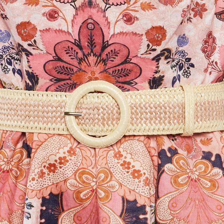 Pre Owned Zimmermann Pink Floral Print Linen Belted Mini Dress M