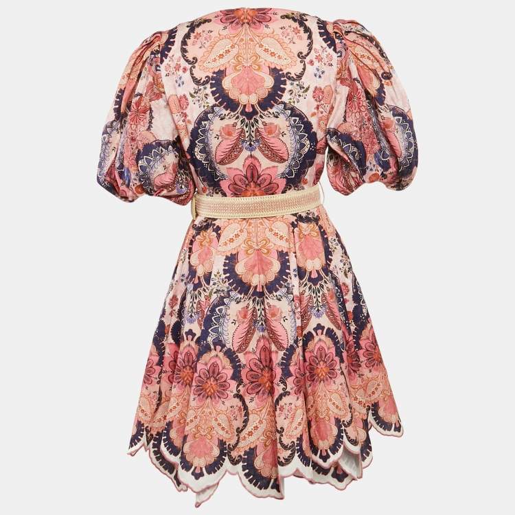 Pre Owned Zimmermann Pink Floral Print Linen Belted Mini Dress M