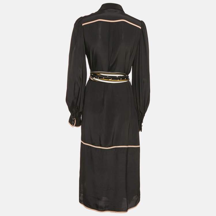 مملوكة مسبقًا Zimmermann Black Silk Blend Belted Button Front Midi Dress M