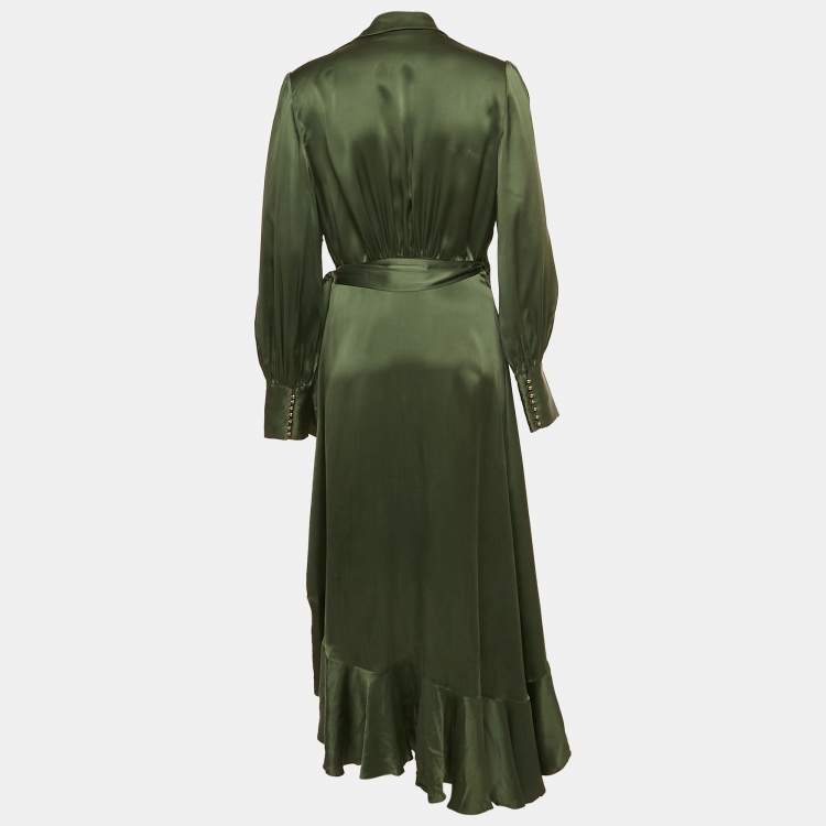 Pre Owned Zimmermann Green Satin Asymmetric Midi Wrap Dress L