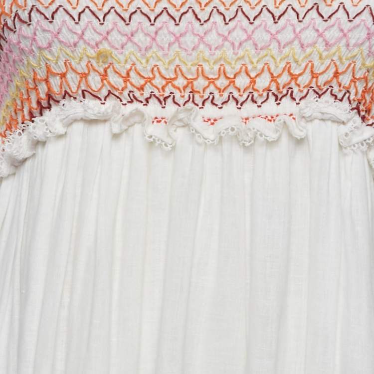 Pre Owned Zimmermann White Linen Shirring Tie-Up Sleeve Midi Dress L