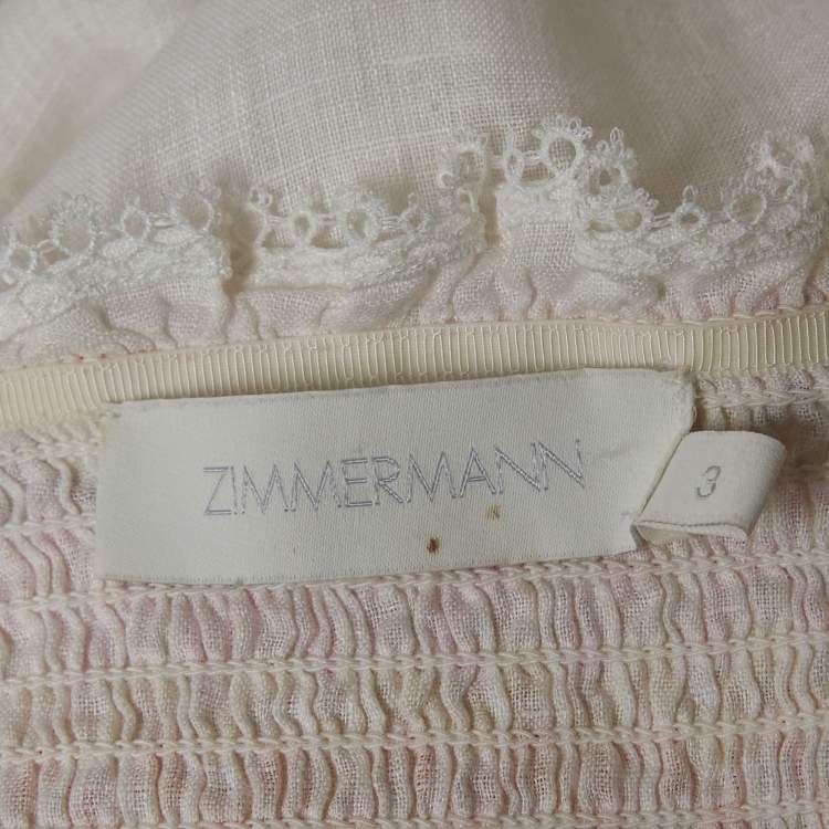 Pre Owned Zimmermann White Linen Shirring Tie-Up Sleeve Midi Dress L