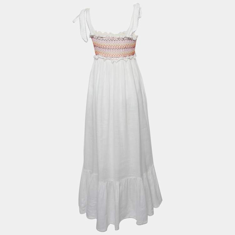 Pre Owned Zimmermann White Linen Shirring Tie-Up Sleeve Midi Dress L