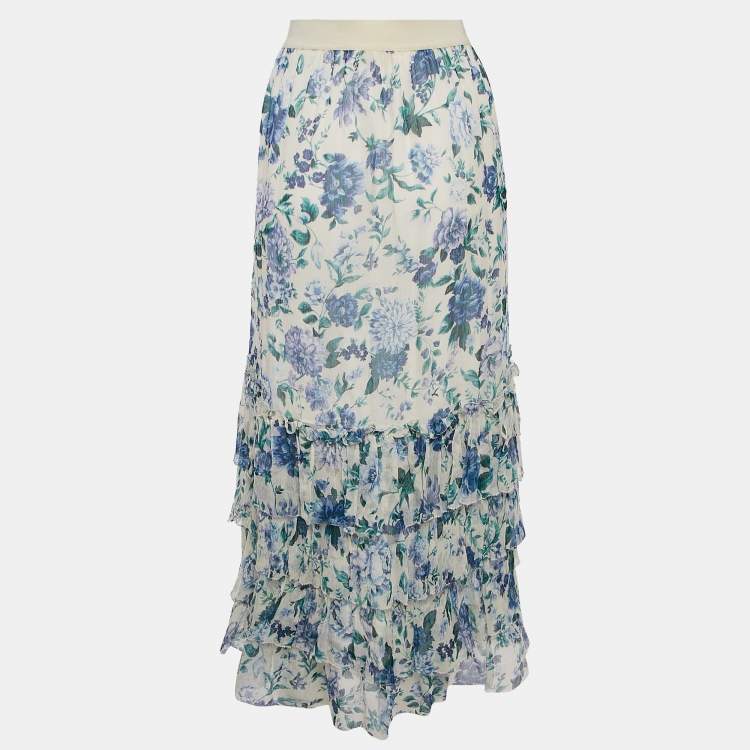 Pre Owned Zimmermann White Floral Print Ruffled Asymmetric Moncure Maxi Skirt M