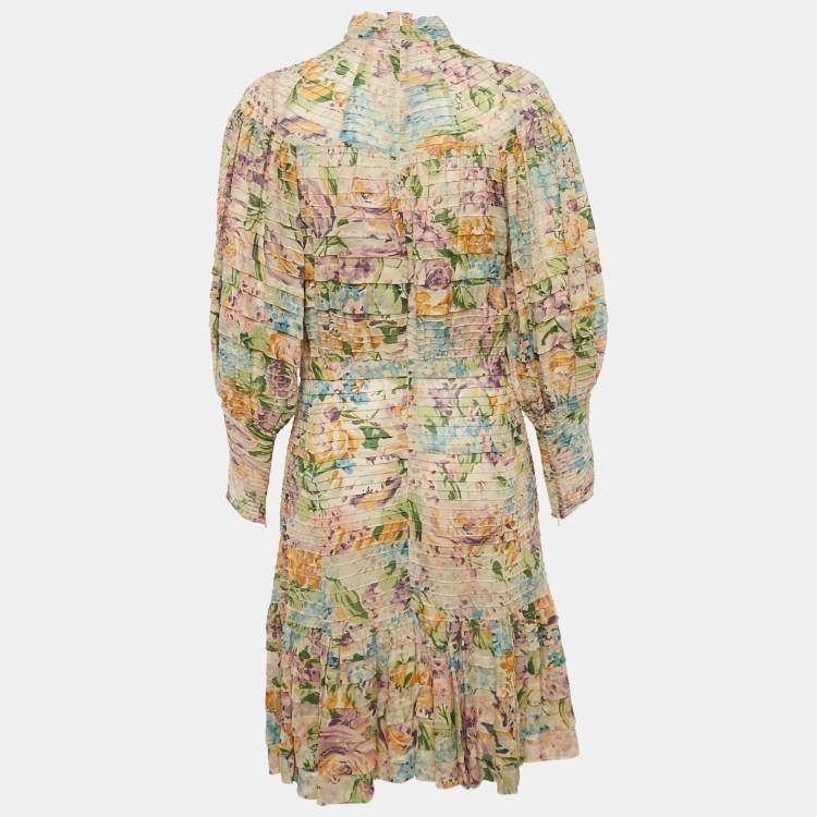 Pre Owned Zimmermann Beige Floral Crepe Print Pintuck Detail Short Dress M