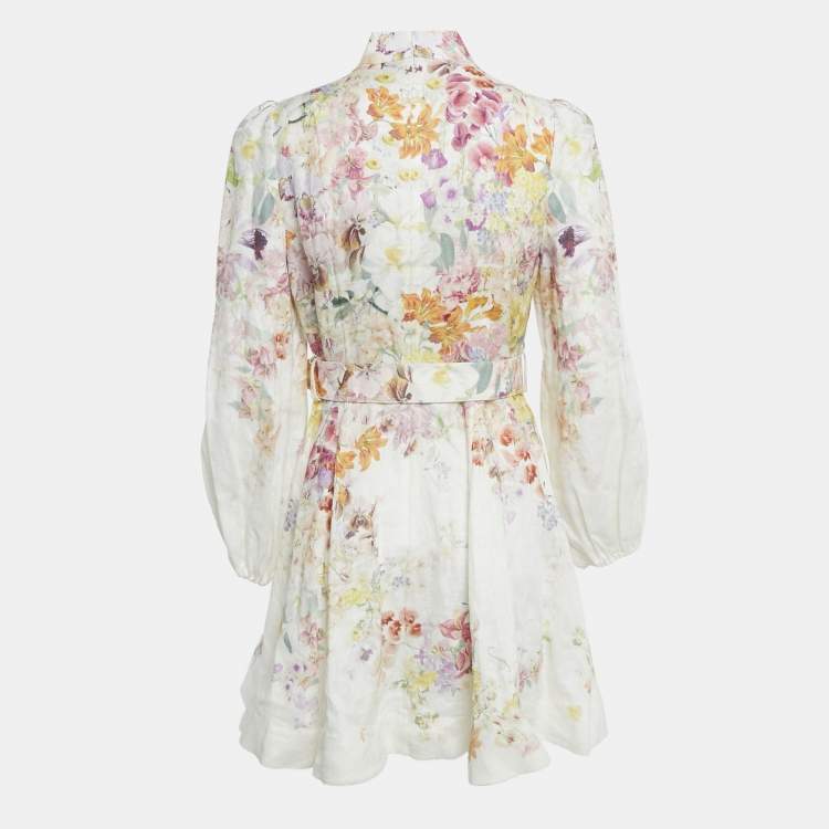 Pre Owned Zimmermann White Floral Linen Belted Natura Mini Dress S