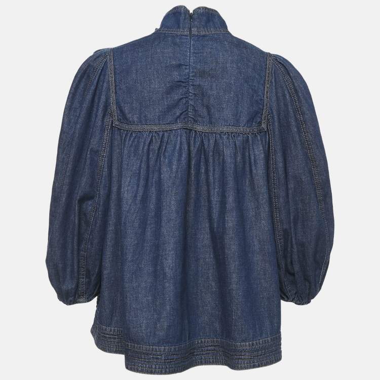 Pre Owned Zimmermann Blue Denim Pussy Bow Detail Puff Sleeve Top M