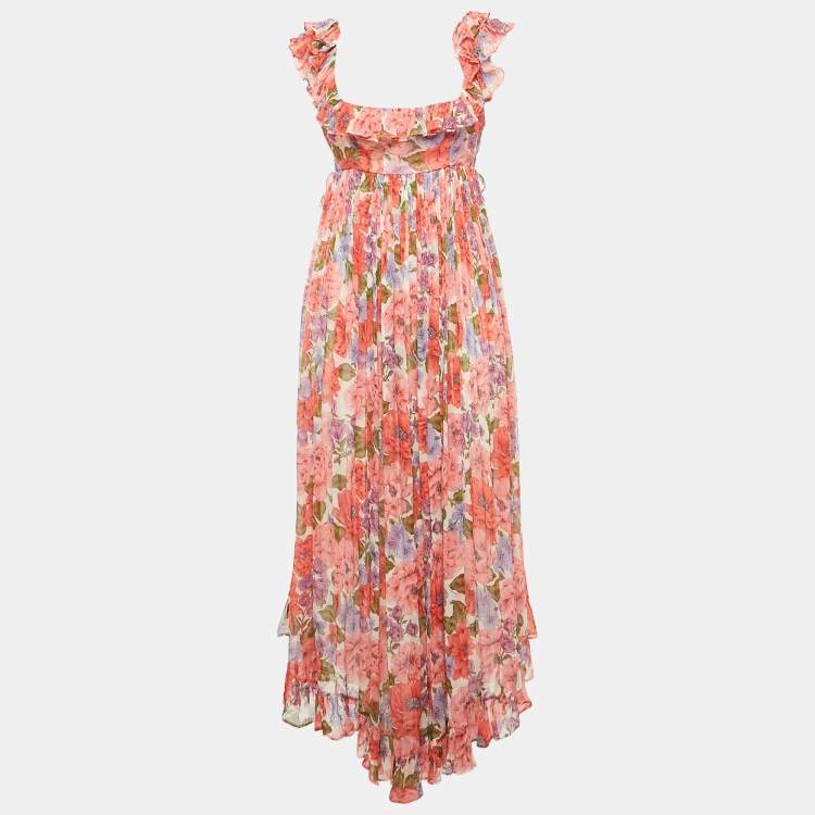 Pre Owned Zimmermann Red Poppy Print Chiffon Silk Ruffled Maxi Dress M