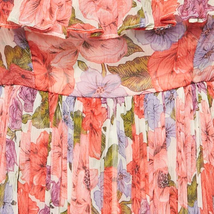 Pre Owned Zimmermann Red Poppy Print Chiffon Silk Ruffled Maxi Dress M