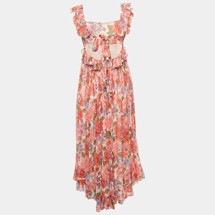 Pre Owned Zimmermann Red Poppy Print Chiffon Silk Ruffled Maxi Dress M
