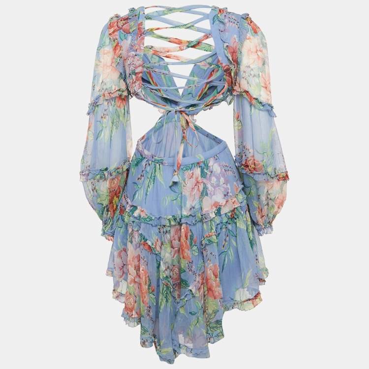 Pre Owned Zimmermann Blue Floral Print Chiffon Silk Cut-Out Bellitude Dress S