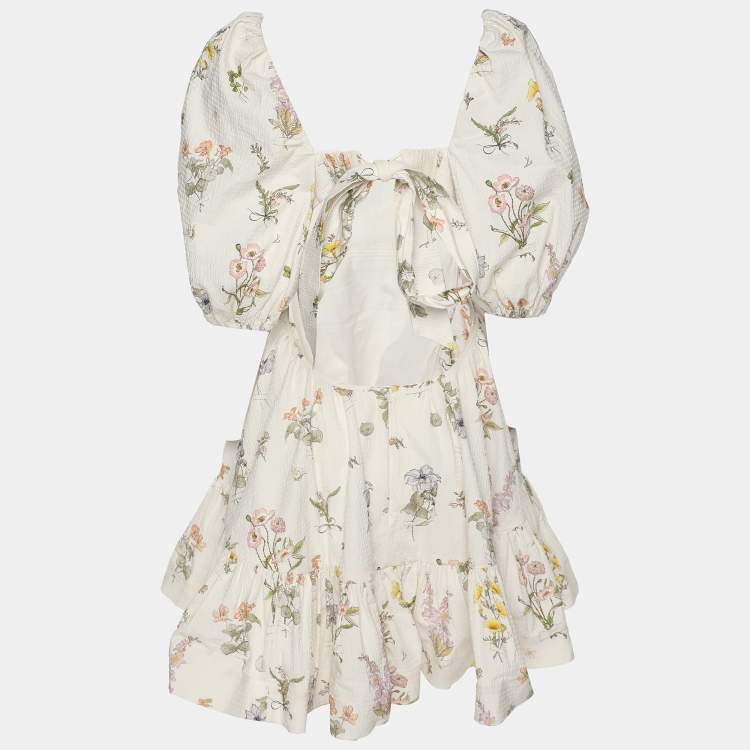 Pre Owned Zimmermann White Floral Print Cotton Jeannie Open Back Ruffled Mini Dress M