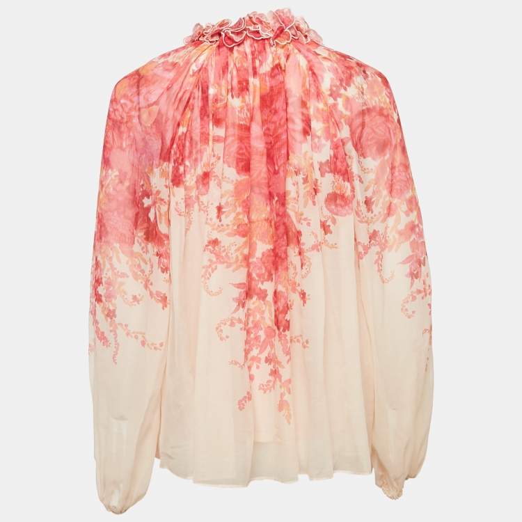 Pre Owned Zimmermann Pink Floral Print Crepe Applique Detail Top S