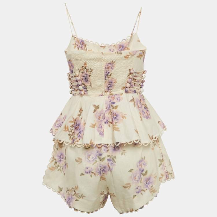 Pre Owned Zimmermann Beige Floral Print Linen Shorts and Top Set XS
